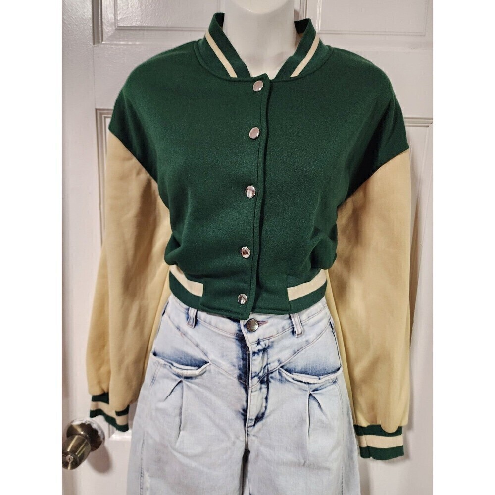 Shein Colorblock Drop Shoulder Crop Varsity Jacket Dark Green - Picture 7 of 9